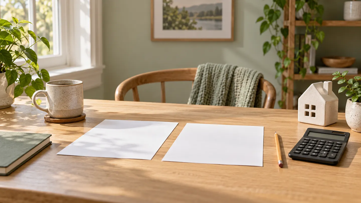 AI-created illustration of a home workspace with two blank sheets, a calculator, and a ceramic house