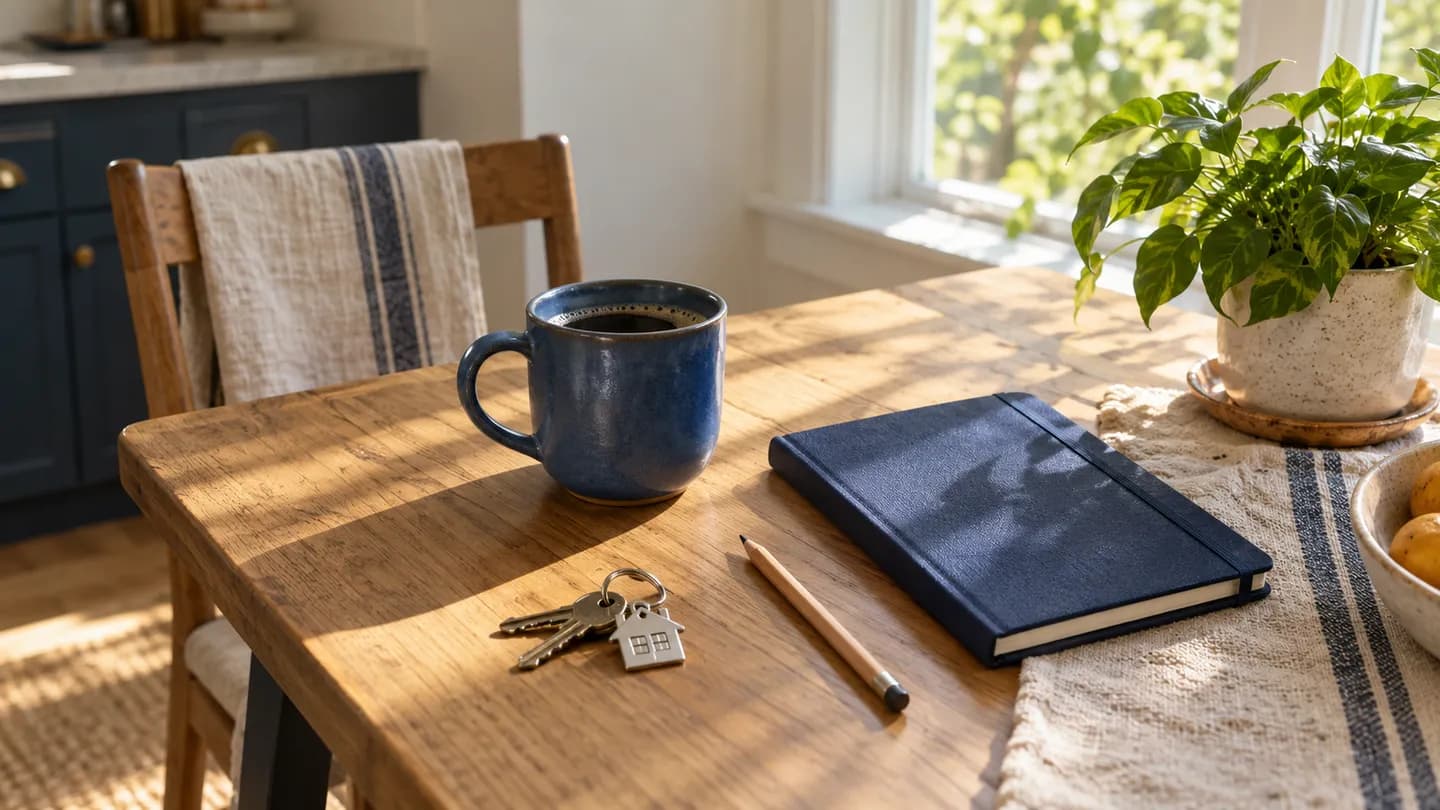 Illustrative coffee cup, notebook and house keys on a sunlit table