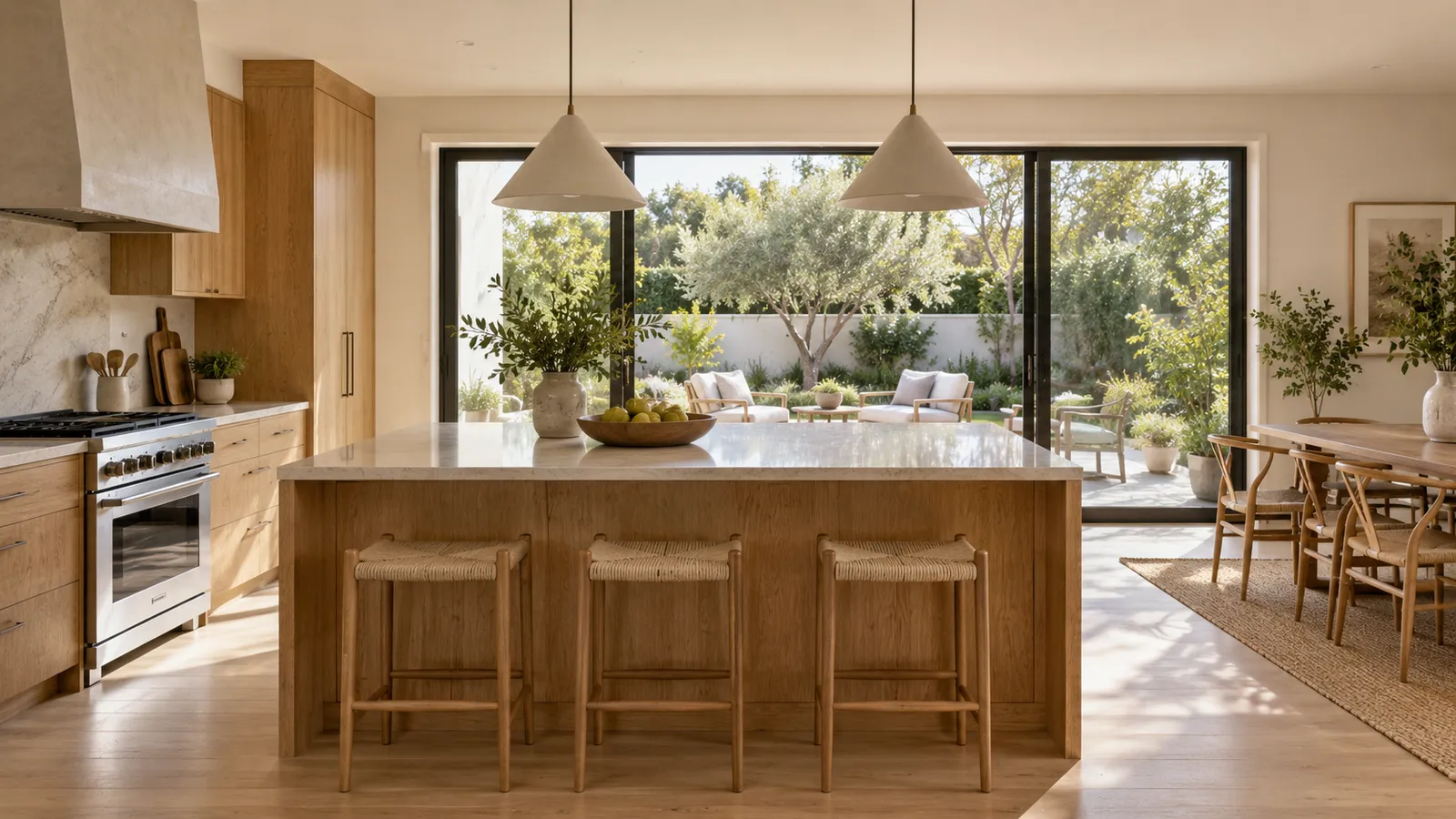 Illustrative renovated oak kitchen opening onto a garden