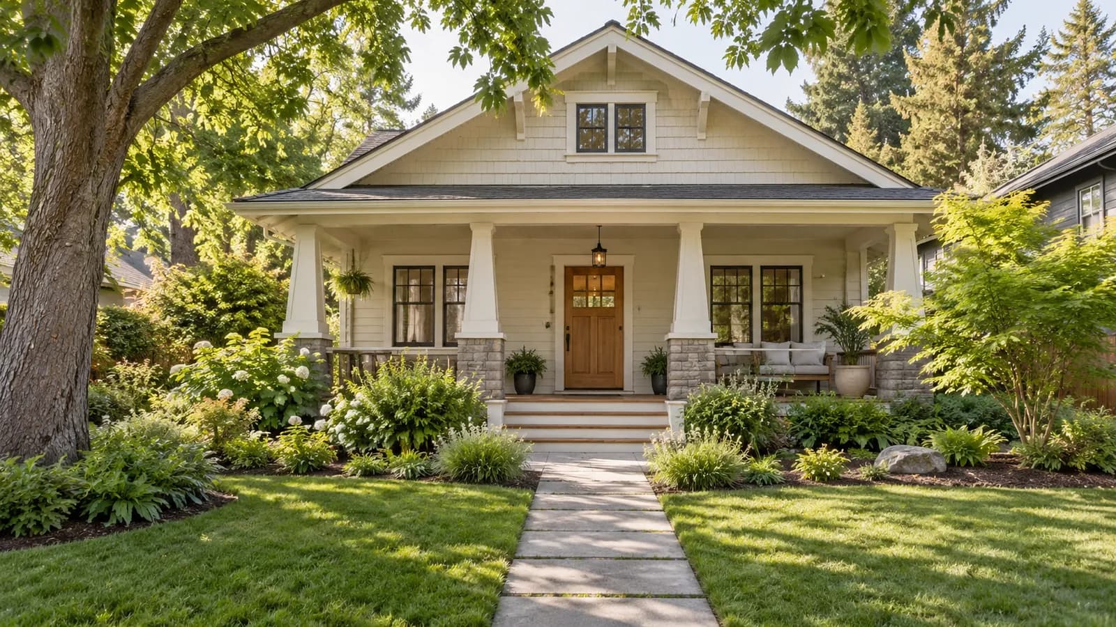 Illustrative Craftsman home with a welcoming porch and garden