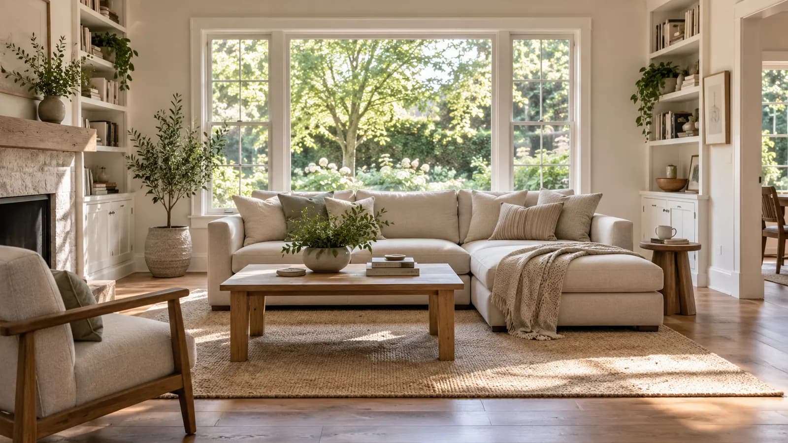 Illustrative sunlit living room with a linen sofa and garden views