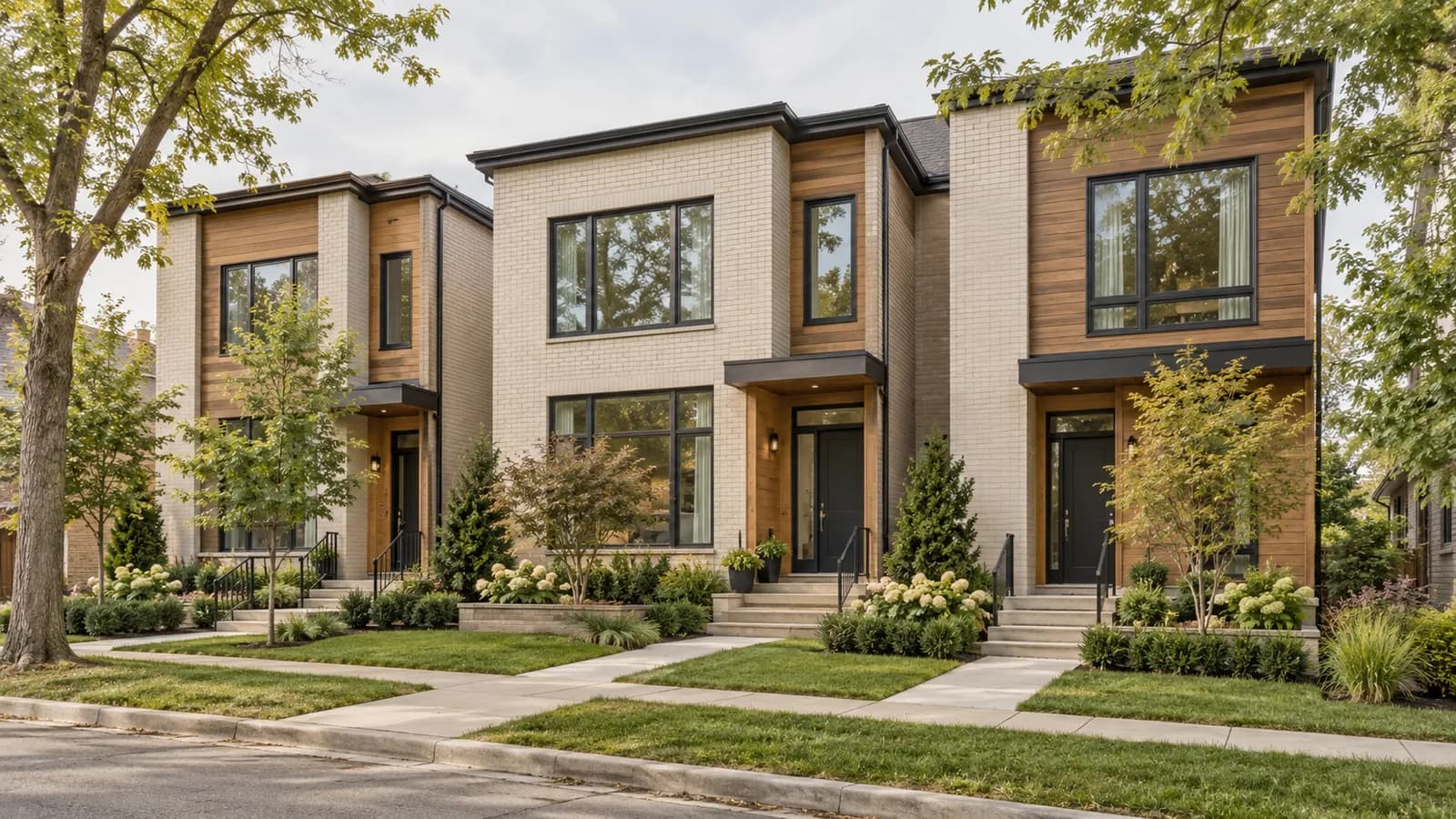 Illustrative rental townhomes with individual entrances and landscaped gardens