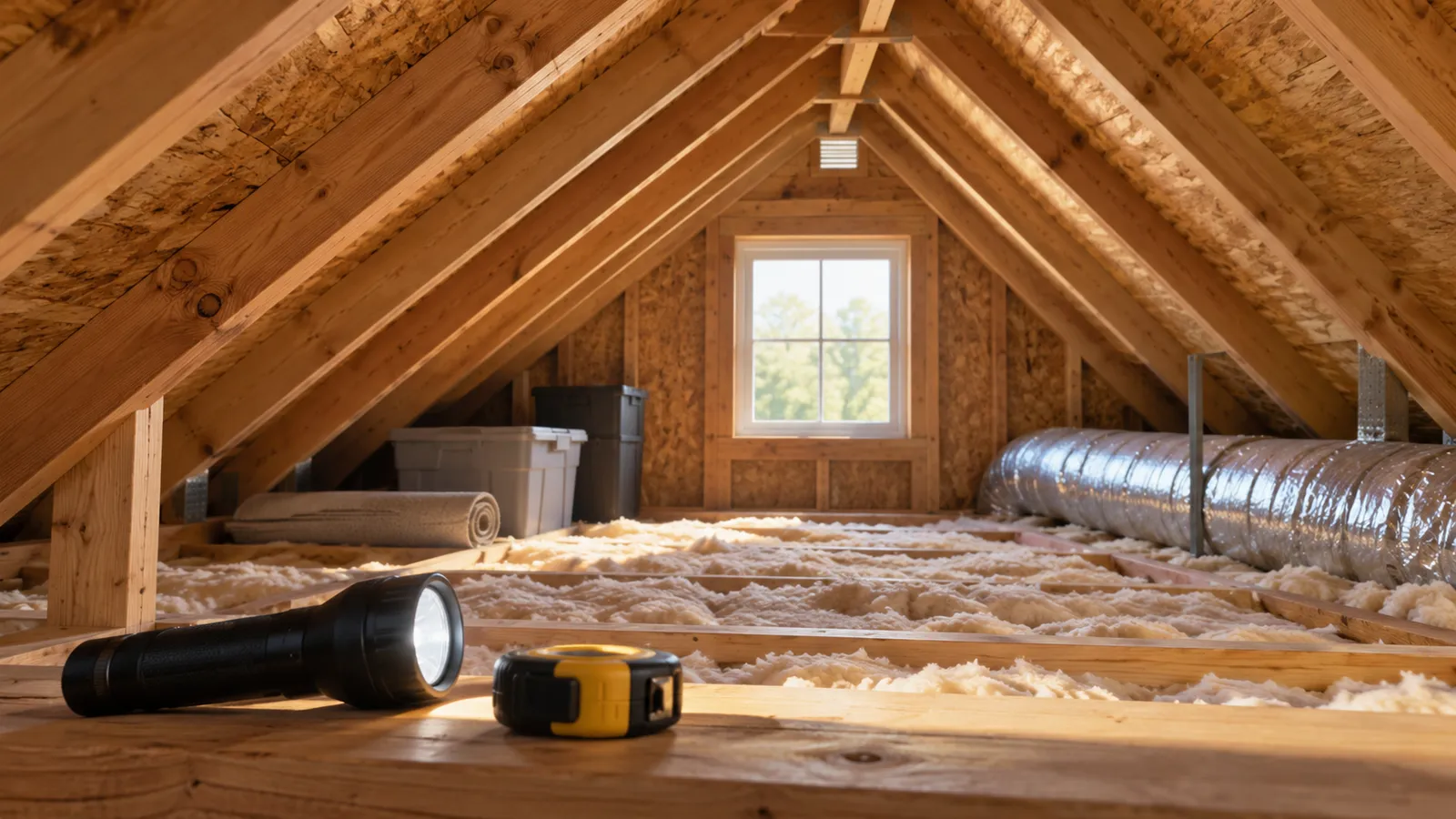 Illustrative sunlit attic with exposed wooden rafters and a small inspection flashlight