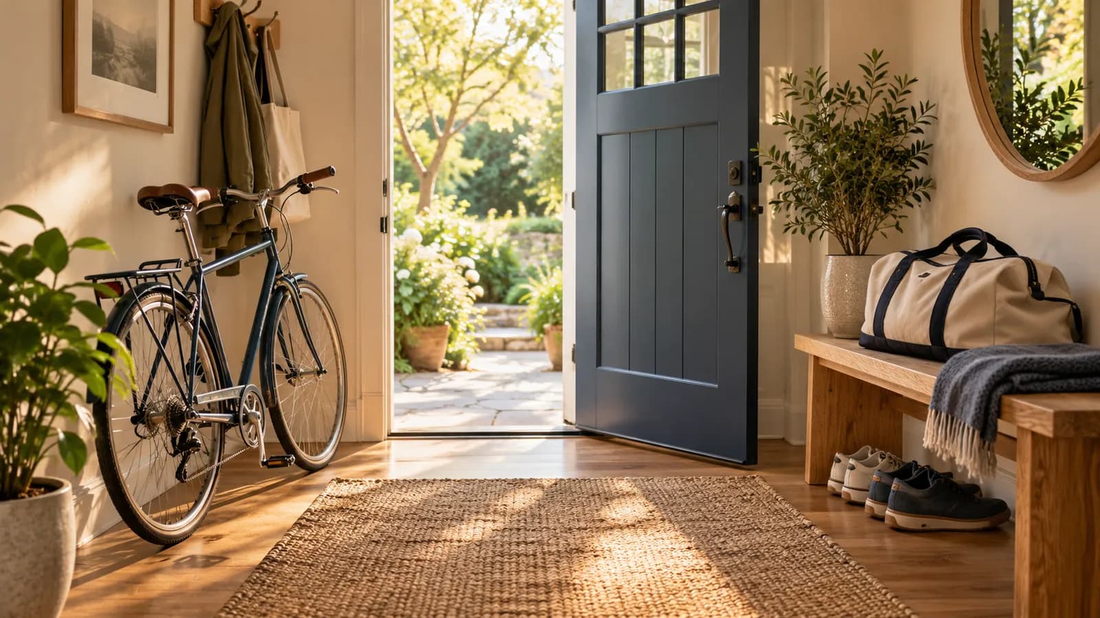 Illustrative bicycle, weekend bag and walking shoes in a bright home entryway