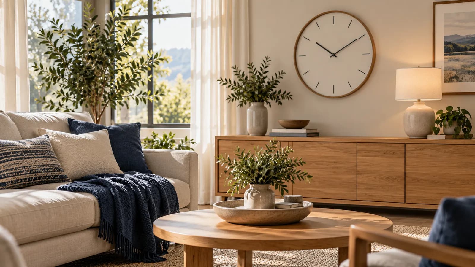 Illustrative wall clock above a sunlit living room console
