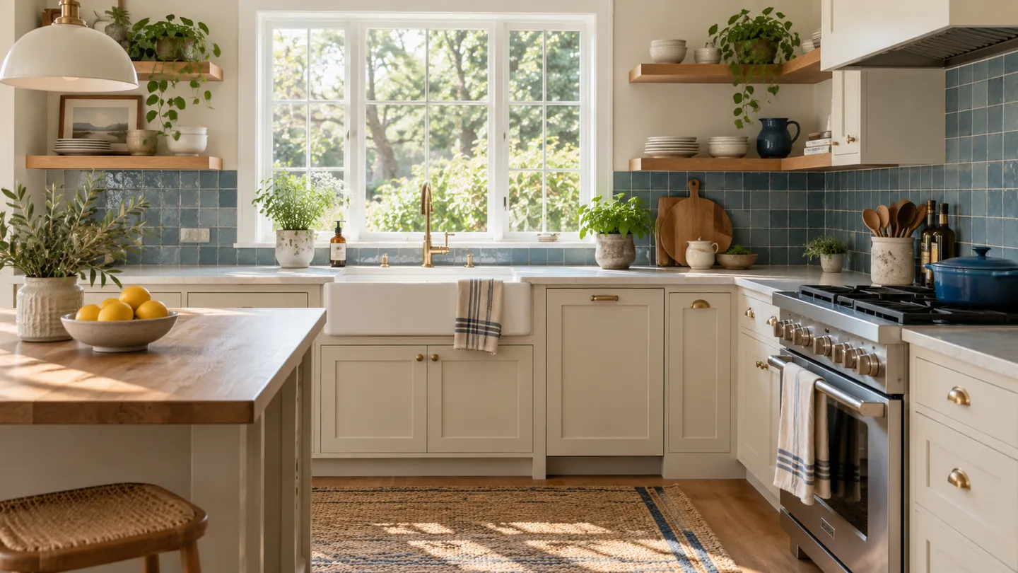 Illustrative modest kitchen with cream cabinets, oak shelves and blue tile