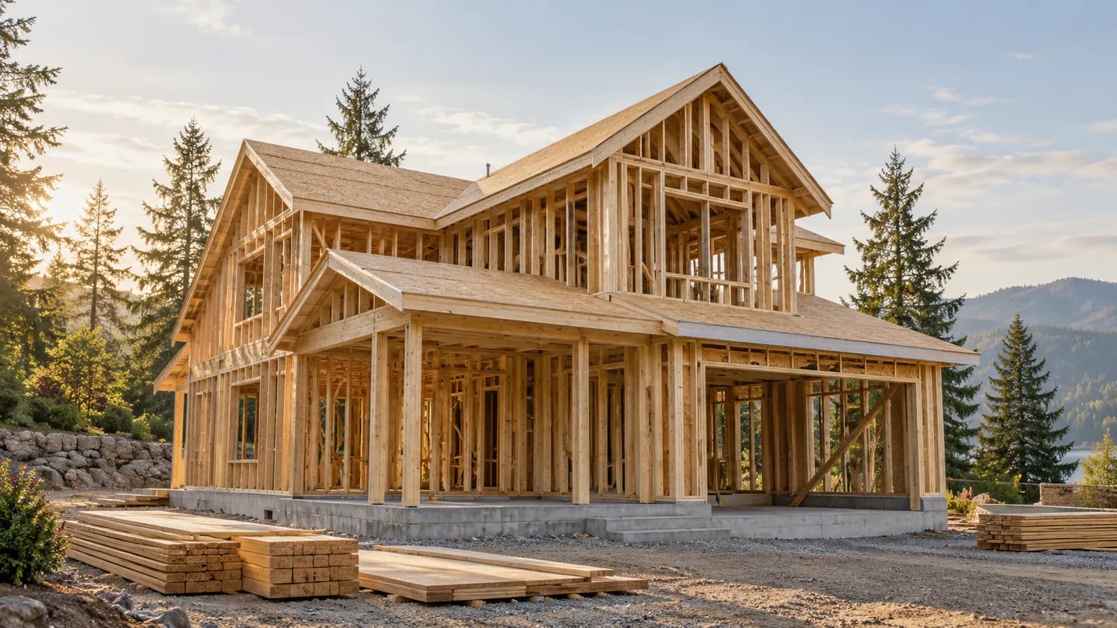 Illustrative timber-framed home under construction beside evergreen trees
