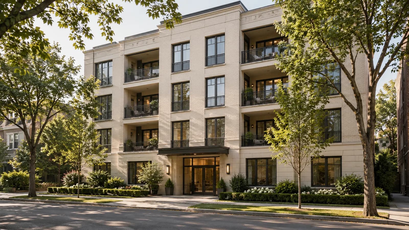 Illustrative neighborhood apartment building with brick walls and balconies